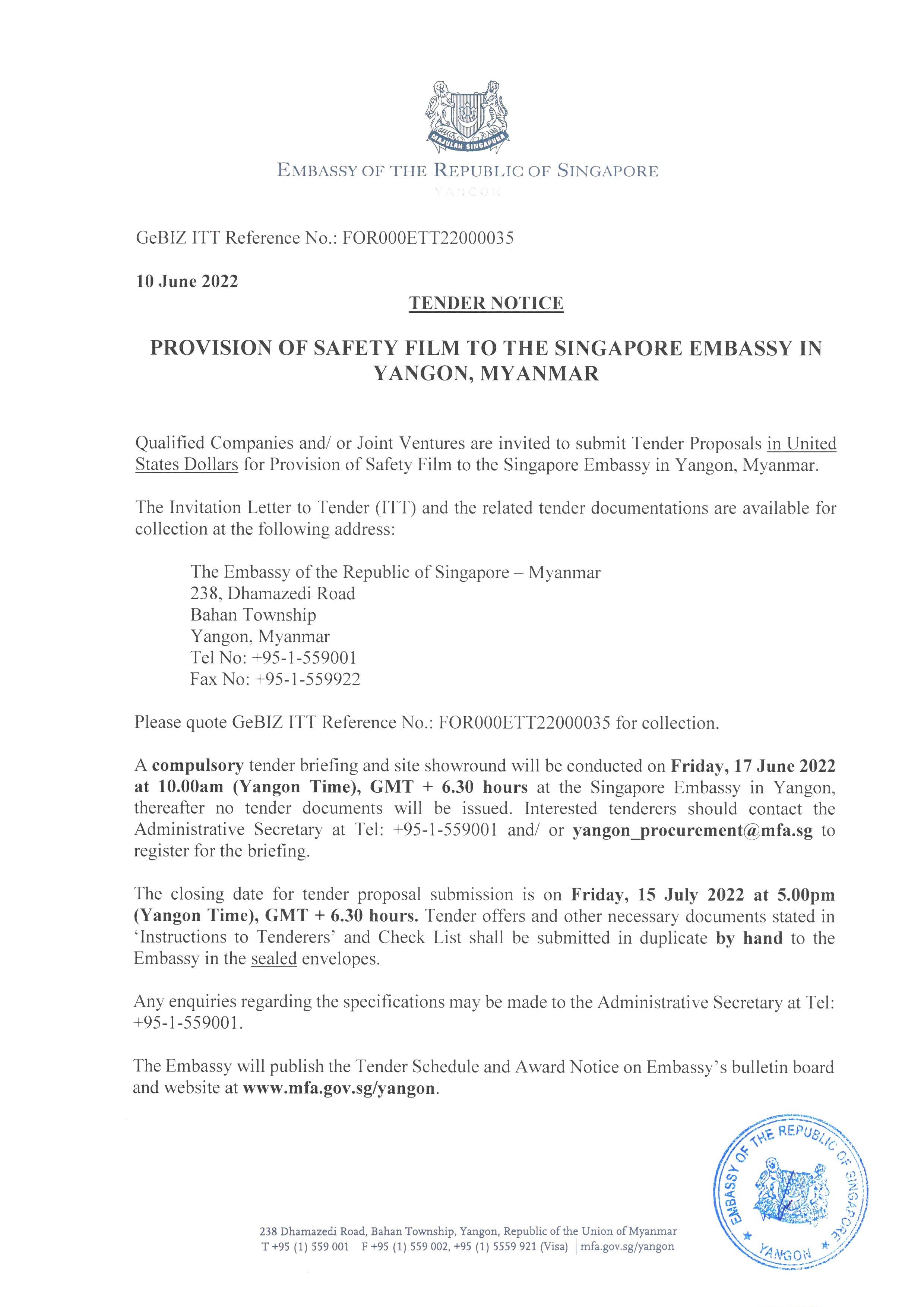 Singapore Embassy tender notice: safety film in Yangon, Myanmar. Includes dates/contact info.